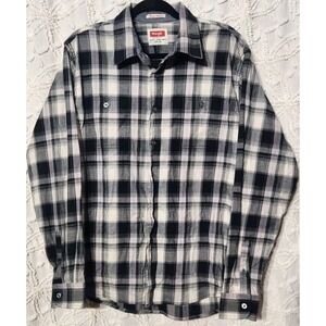 Wrangler Mens Plaid Button Up Shirt Mens L Black‎ White Grey Flex Western Cowboy